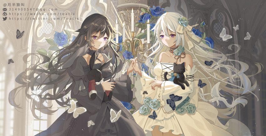 2girls alice_(pandora_hearts) b-rabbit black_cat black_dress black_hair blue_flower blue_rose braid breasts bug butterfly candle candlestand cat cheshire_cat_(pandora_hearts) cleavage detached_sleeves dress flower highres hugging_doll hugging_object interlocked_fingers long_hair multiple_girls pandora_hearts parted_lips purple_eyes rose strapless strapless_dress stuffed_animal stuffed_rabbit stuffed_toy teatix twitter_username white_hair wide_sleeves will_of_the_abyss