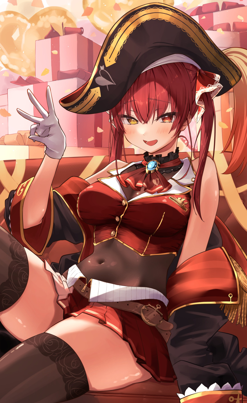1girl absurdres ascot bare_shoulders bicorne black_coat black_headwear black_thighhighs blush breasts choker cleavage coat covered_navel cropped_jacket frilled_choker frills gloves hair_ribbon hat heterochromia highres hololive houshou_marine houshou_marine_(1st_costume) jacket lace-trimmed_legwear lace_trim large_breasts leather_belt leotard leotard_under_clothes long_hair looking_at_viewer nisi_ki_no off_shoulder open_mouth pirate_hat red_ascot red_eyes red_hair red_jacket ribbon see-through see-through_cleavage see-through_leotard skirt sleeveless sleeveless_jacket smile solo thighhighs twintails virtual_youtuber white_gloves yellow_eyes
