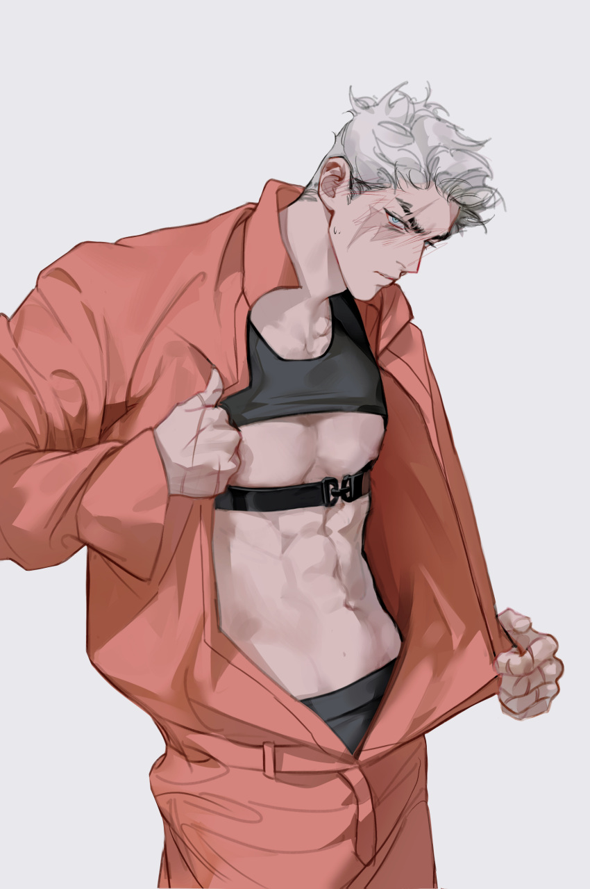 1boy abs absurdres belt blue_eyes blush cowboy_shot crop_top ear_blush eyebrow_cut grey_hair hand_up highres jumpsuit korean_commentary long_sleeves looking_at_viewer male_focus muscular muscular_male navel nipples open_clothes or0loi orange_jumpsuit original profile revealing_clothes scar scar_across_eye scar_on_hand short_hair simple_background solo tank_top white_hair