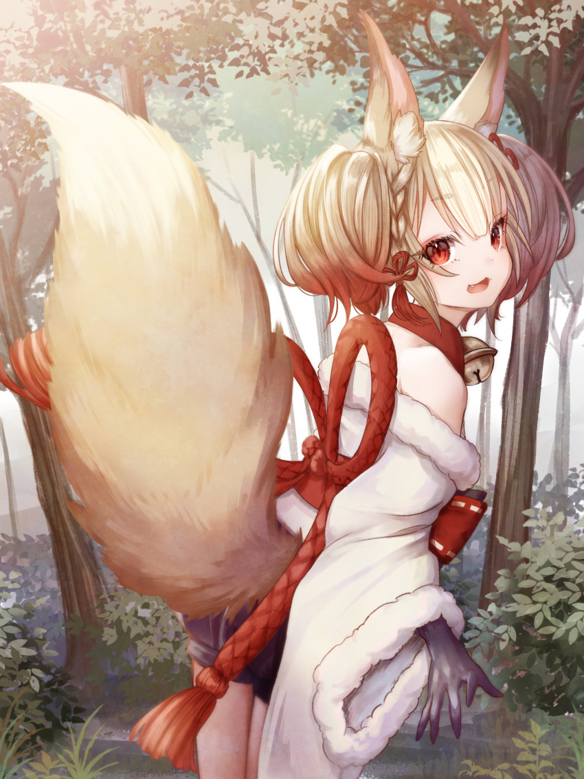 1girl :3 absurdres animal_ear_fluff animal_ears arm_at_side bare_shoulders bell black_gloves black_shorts blonde_hair braid bush collar cowboy_shot day detached_collar eyelashes fangs fluffy fox_ears fox_girl fox_tail french_braid from_side fur-trimmed_kimono fur-trimmed_sleeves fur_trim gloves gradient_hair hair_between_eyes highres japanese_clothes jingle_bell kimono leaning_forward long_sleeves looking_at_viewer looking_to_the_side multicolored_hair neck_bell nina_(maurururoa) off_shoulder open_mouth outdoors plant red_collar red_eyes red_hair red_sash sash sekka_(shadowverse) shadowverse short_eyebrows short_twintails shorts sideways_glance smile solo standing tail tail_raised tree turning_head twintails white_kimono white_sleeves wide_sleeves