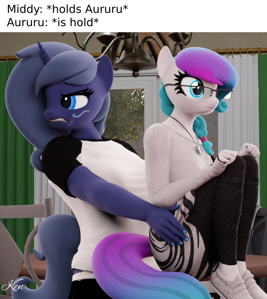 absurd_res anthro aurora_starling blue_eyes blue_hair braided_hair braided_ponytail clothing earth_pony english_text equid equine eyewear fan_character glasses gradient_hair gradient_tail hair hasbro hi_res holding_character horn horse jewelry kenaga mammal meme midnight_music my_little_pony necklace pony ponytail purple_hair purple_tail reference_image tail text unicorn