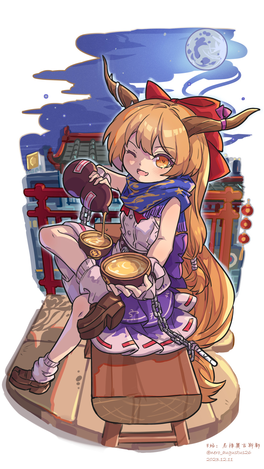 1girl absurdres blue_scarf bow brown_eyes brown_hair figure_four_sitting full_moon gourd hair_bow highres horns ibuki_suika incoming_food long_hair looking_at_viewer moon nero_augustus one_eye_closed oni pouring purple_skirt red_bow scarf shirt skirt sleeveless sleeveless_shirt socks solo touhou very_long_hair white_shirt wooden_bench