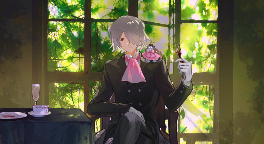 1boy absurdres ascot black_suit crossed_legs doll doll_on_shoulder emily_(pandora_hearts) fork gloves grey_hair hair_over_one_eye highres holding holding_fork light_smile looking_at_viewer on_chair one_eye_covered pandora_hearts pink_ascot red_eyes short_hair sitting solo stuffed_toy suit white_gloves xerxes_break xiuning233