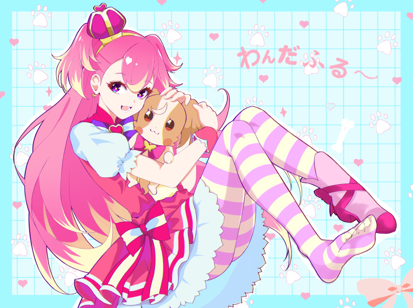 1girl :d animal blue_background blue_eyes blush_stickers bow bow_earrings bright_pupils brooch character_name crown cure_wonderful dog dot_nose dress dress_bow dual_persona earrings grid_background headband heart heart_brooch highres holding holding_animal holding_dog inukai_komugi jewelry jtxqj komugi_(precure) long_hair looking_at_viewer magical_girl mini_crown multicolored_bow multicolored_eyes multicolored_hair multicolored_pantyhose open_mouth pantyhose papillon_(dog) paw_print paw_print_background pink_bow pink_dress pink_footwear pink_hair precure puffy_sleeves purple_bow purple_eyes red_eyes round_teeth shoes short_dress single_shoe smile streaked_hair striped_bow teeth two-tone_hair two_side_up wonderful_precure! wrist_cuffs yellow_headband