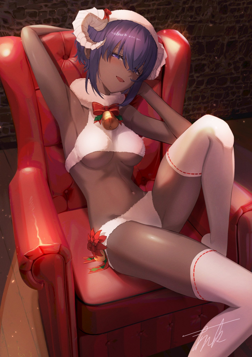 1girl announ_(kurotya) bare_shoulders blush bra breasts chair dark-skinned_female dark_skin fate/grand_order fate_(series) fur_bra hassan_of_serenity_(fate) hassan_of_serenity_(merry_sheep)_(fate) hat highres horns looking_at_viewer medium_breasts navel open_mouth panties purple_eyes purple_hair ribbon-trimmed_legwear ribbon_trim sheep_horns short_hair sidelocks smile solo thighhighs thighs underboob underwear white_bra white_headwear white_panties white_thighhighs wool