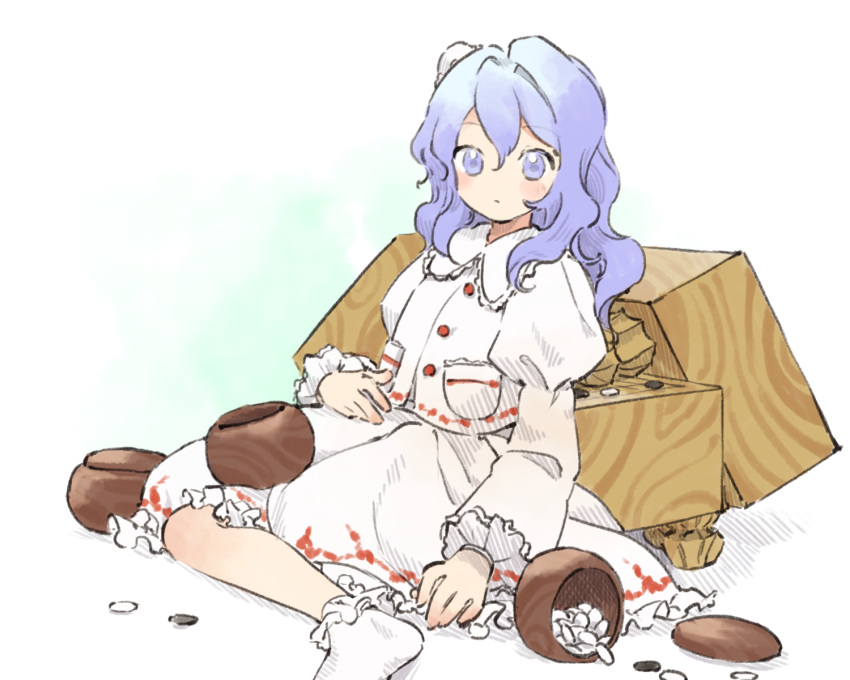 1girl ankle_socks blue_eyes blue_hair blush board_game closed_mouth collared_shirt commentary_request expressionless frilled_shirt_collar frilled_skirt frilled_socks frills go_(board_game) hand_on_own_leg highres juliet_sleeves kaigen_1025 long_hair long_sleeves looking_at_viewer on_floor puffy_sleeves satsuki_rin shirt skirt socks solo touhou white_shirt white_skirt white_socks