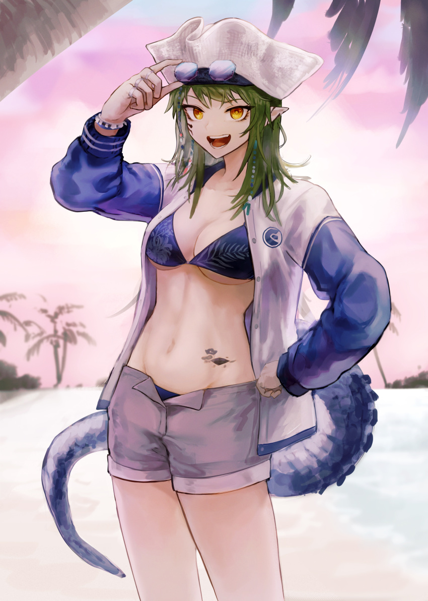 1girl absurdres aiv arknights blue-tinted_eyewear breasts cleavage crocodilian_tail eyewear_on_head gavial_(arknights) gavial_the_invincible_(arknights) gavial_the_invincible_(holiday)_(arknights) green_hair grey_shorts highres jacket long_hair long_sleeves looking_at_viewer navel octagonal_eyewear official_alternate_costume open_clothes open_fly open_jacket oripathy_lesion_(arknights) palm_tree pointy_ears short_shorts shorts smile solo standing stomach sunglasses tail tinted_eyewear tree white_headwear yellow_eyes