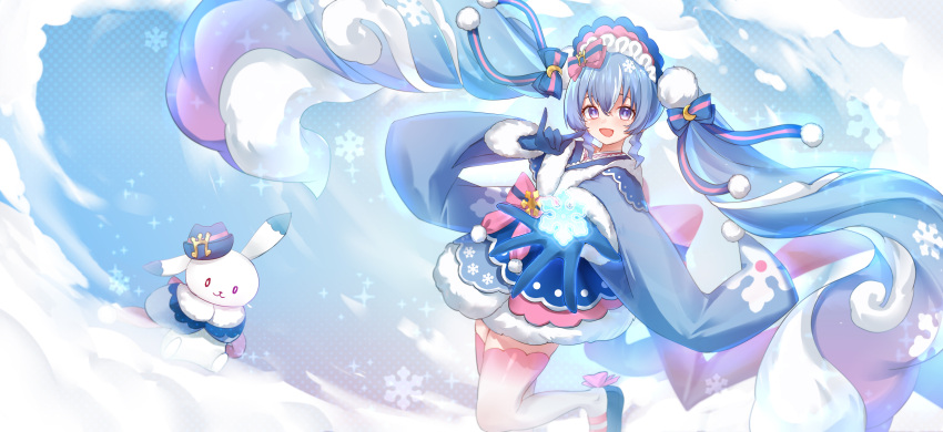1girl :d absurdres animal blue_gloves blue_hair blue_kimono bobo_(6630978) bonnet clothed_animal commentary_request floating_hair fox_shadow_puppet fur-trimmed_sleeves fur_trim gloves gradient_legwear hand_up hatsune_miku highres japanese_clothes kimono long_hair long_sleeves looking_at_viewer multicolored_hair pink_hair pink_thighhighs purple_eyes rabbit rabbit_yukine smile thighhighs twintails two-tone_hair very_long_hair vocaloid white_thighhighs yuki_miku yuki_miku_(2023)