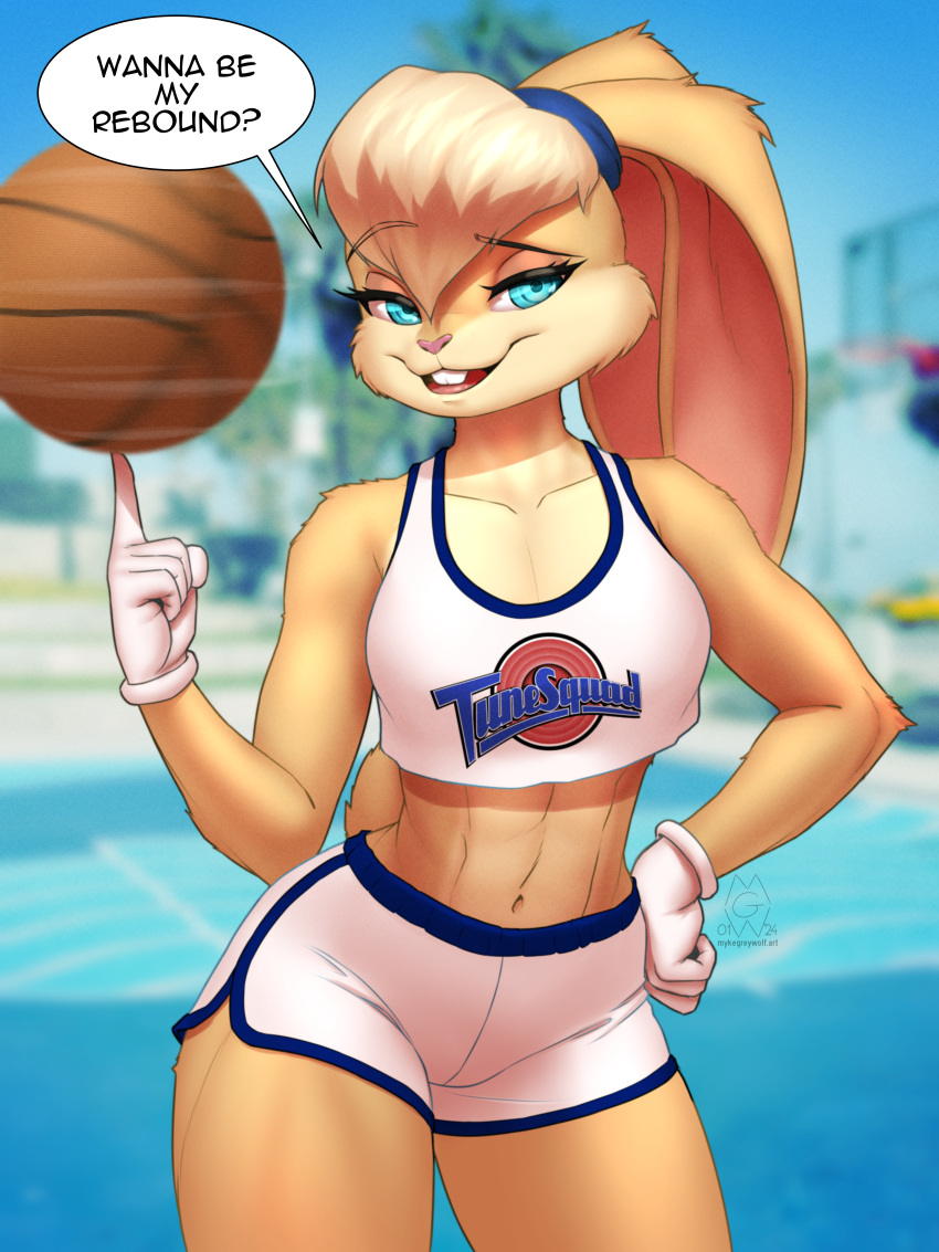 2024 5_fingers absurd_res anthro ball basketball_(ball) blue_eyes blurred_background clothing dialogue digital_media_(artwork) english_text eyebrows eyelashes female fingers front_view fur gloves hair handwear hi_res lagomorph leporid lola_bunny long_ears looking_at_viewer looney_tunes mammal mykegreywolf outside rabbit solo speech_bubble text tuft warner_brothers white_clothing