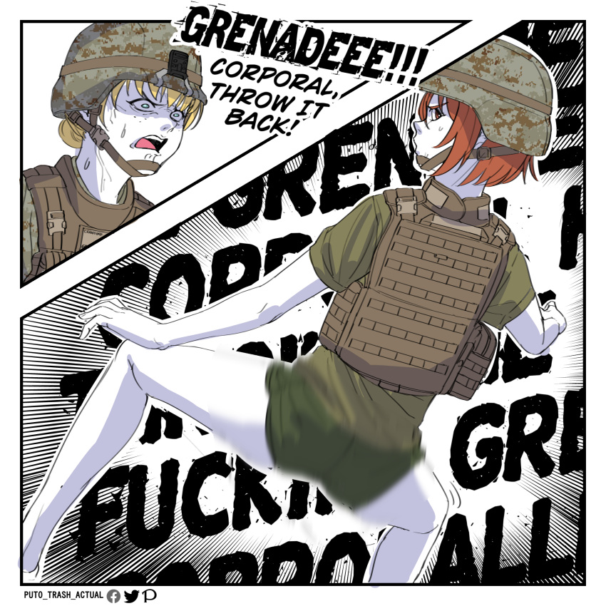 2girls artist_name ass_shake blonde_hair blue_eyes brown_headwear camouflage camouflage_headwear colored_skin digital_camouflage english_commentary english_text from_behind green_shirt green_shorts highres linda_crawford marine_corps_yumi meme military military_uniform motion_blur multiple_girls nagumo_yumi open_mouth orange_eyes orange_hair plate_carrier puto_trash shaded_face shirt short_hair short_sleeves shorts speed_lines sweat teeth text_background twerking uniform united_states_marine_corps upper_teeth_only white_background white_skin