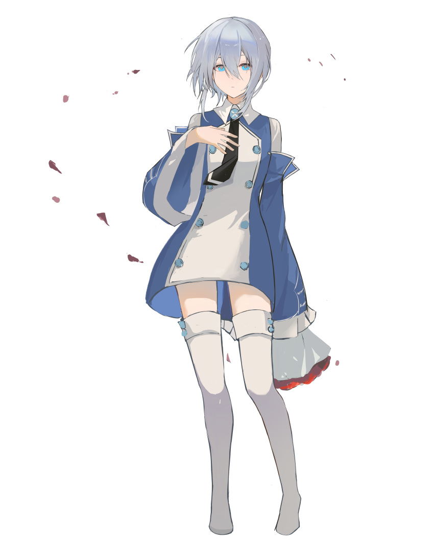 1girl absurdres black_necktie blue_eyes boots bouquet detached_sleeves echo_(pandora_hearts) flower full_body grey_hair hand_on_own_chest highres long_shirt looking_at_viewer necktie pandora_hearts petals red_flower red_rose rose short_hair simple_background sleeves_past_fingers sleeves_past_wrists solo standing thigh_boots white_background white_footwear wide_sleeves xiuning233