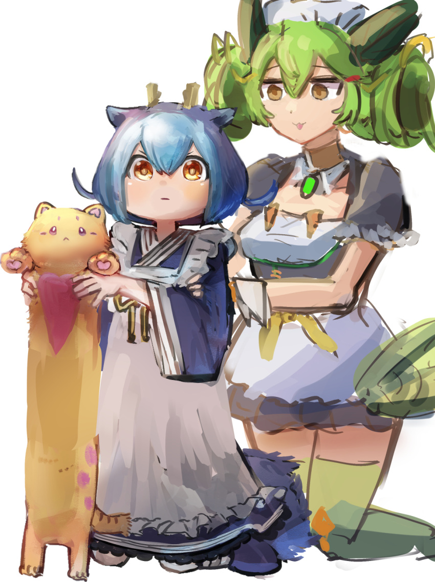 2girls :&lt; animal apron blue_hair cat closed_mouth commentary dragon_girl dress duel_monster feet_out_of_frame frilled_apron frills full_body green_hair green_thighhighs hair_between_eyes hatano_kiyoshi heart highres holding holding_animal holding_cat horns kneeling laundry_dragonmaid long_sleeves longcat_(meme) looking_at_viewer maid melffy_catty meme multicolored_hair multiple_girls parlor_dragonmaid puffy_short_sleeves puffy_sleeves short_hair short_sleeves simple_background smile tail thighhighs tongue tongue_out two-tone_hair v-shaped_eyebrows white_background wide_sleeves yellow_cat yellow_eyes yu-gi-oh!