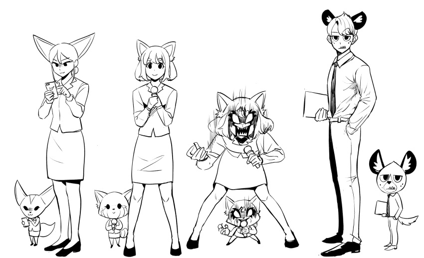 1boy 2girls :3 absurdres aggressive_retsuko animal_ears belt collared_shirt cowlick emphasis_lines facing_to_the_side facing_viewer fenneko fox_ears fox_girl fox_tail freckles full_body furry gegegekman haida_(aggretsuko) hair_between_eyes hand_in_pocket highres holding holding_microphone holding_paper holding_phone humanization hyena_boy microphone monochrome multiple_girls multiple_views office_lady paper parted_bangs phone raised_eyebrow retsuko screaming sharp_teeth shirt shoes skirt tail teeth underbite