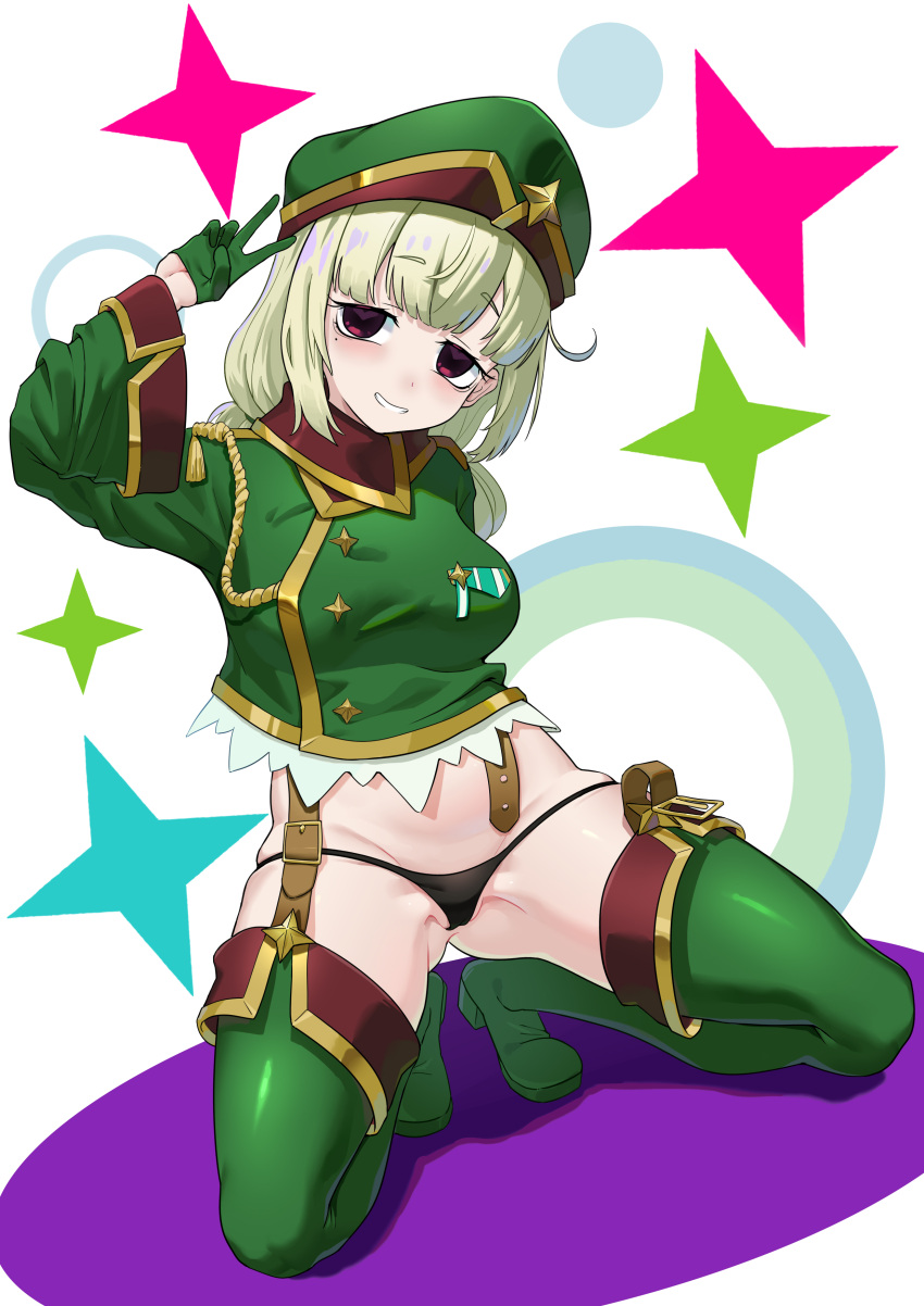 1girl absurdres aiguillette araga_kiwi arm_behind_back ass_visible_through_thighs black_panties blonde_hair boots breasts brown_eyes coat double_bun full_body garter_straps gloves green_coat green_footwear green_gloves green_headwear groin hair_bun half_gloves hat highres kneeling leopard_(mahou_shoujo_ni_akogarete) long_sleeves looking_at_viewer mahou_shoujo_ni_akogarete medal medium_breasts military_coat military_hat mole mole_under_eye no_pants panties parted_lips partially_visible_vulva shuijiaojun sleeve_cuffs solo spread_legs star_(symbol) stomach thigh_boots thighhighs underwear v_over_head wide_sleeves