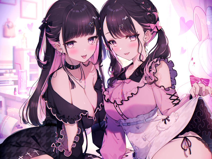 2girls :d arm_support bat_hair_ornament black_hair black_nails black_panties black_shirt black_skirt blunt_bangs bow bowtie breasts buttons choker cleavage clothes_lift collared_shirt cross cross_earrings ear_piercing earrings fingernails frilled_skirt frills hair_bow hair_ornament heart heart_earrings heart_hair_ornament heart_necklace highres indoors jewelry jirai_kei kat_(bu-kunn) lace-trimmed_panties lace_trim large_breasts long_sleeves looking_at_viewer multicolored_hair multiple_girls nail_polish necklace off_shoulder open_clothes open_mouth open_shirt original panties piercing pink_hair pink_nails pink_shirt purple_eyes red_bow red_bowtie revision shirt side-tie_panties sidelocks sitting skirt skirt_lift smile string_panties stuffed_animal stuffed_rabbit stuffed_toy teeth tongue tongue_out twintails two-tone_hair two_side_up underwear upper_teeth_only white_skirt