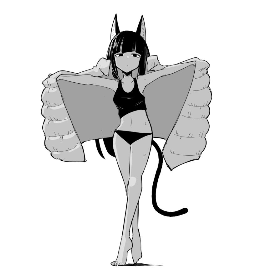 1girl animal_ears bare_shoulders barefoot black_hair black_panties black_tank_top blunt_bangs cat_ears cat_girl cat_tail collarbone crop_top crossed_legs down_jacket female_pervert full_body greyscale highres jacket long_hair looking_at_viewer midriff monochrome navel open_clothes open_jacket original outstretched_arms panties pervert sakifox solo spread_arms standing tail tank_top underwear white_background white_jacket