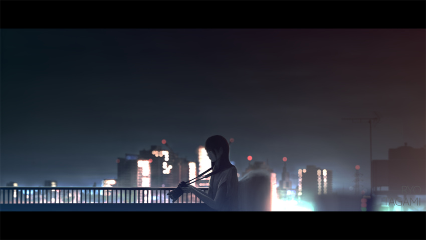 1girl artist_name blurry blurry_background camera city_lights commentary_request holding holding_camera letterboxed medium_hair night original outdoors railing short_sleeves sky skyline solo tanaka_ryosuke