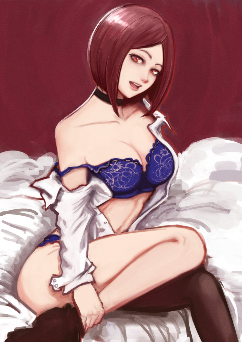 1girl absurdres bed_sheet black_thighhighs bra breasts brown_eyes brown_hair choker cleavage highres lace_trim lingerie looking_at_viewer navel open_clothes open_shirt purple_bra reavernk short_hair single_thighhigh snk solo the_king_of_fighters thighhighs underwear whip_(kof)