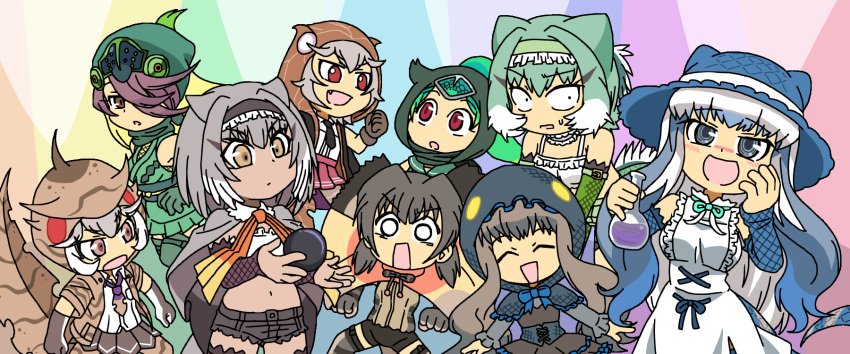 6+girls ^_^ alternate_design animal_hood animal_print bare_shoulders baweng_satanic_leaf_gecko_(kemono_friends) baweng_satanic_leaf_gecko_(kemono_friends)_(old_design) black_hair blush brown_eyes cape capelet chibi chinese_water_dragon_(kemono_friends) closed_eyes closed_mouth coat constricted_pupils corset dark-skinned_female dark_skin detached_sleeves dress dual_persona fingerless_gloves flask forehead_protector frilled_hairband frilled_lizard_(ex)_(kemono_friends) frilled_lizard_(kemono_friends) frills gloves green_hair grey_eyes grey_hair hair_horns hair_over_one_eye hairband hand_on_own_cheek hand_on_own_face hat height_difference highres holding holding_flask hood hood_up hooded_capelet hooded_coat jacket jackson's_chameleon_(kemono_friends) japanese_clothes kemono_friends kemono_friends_3 komodo_dragon_(kemono_friends) komodo_dragon_(kemono_friends)_(old_design) lizard_tail long_hair long_sleeves looking_at_another low_twintails medium_hair midriff multicolored_hair multiple_girls navel necktie official_alternate_costume open_mouth panther_chameleon_(kemono_friends) print_hood print_sleeves red_eyes ringed_eyes round-bottom_flask scale_print shirt short_twintails shorts skirt smile srd_(srdsrd01) stomach swept_bangs tail thighhighs twintails very_long_hair vest white_hair wide-eyed