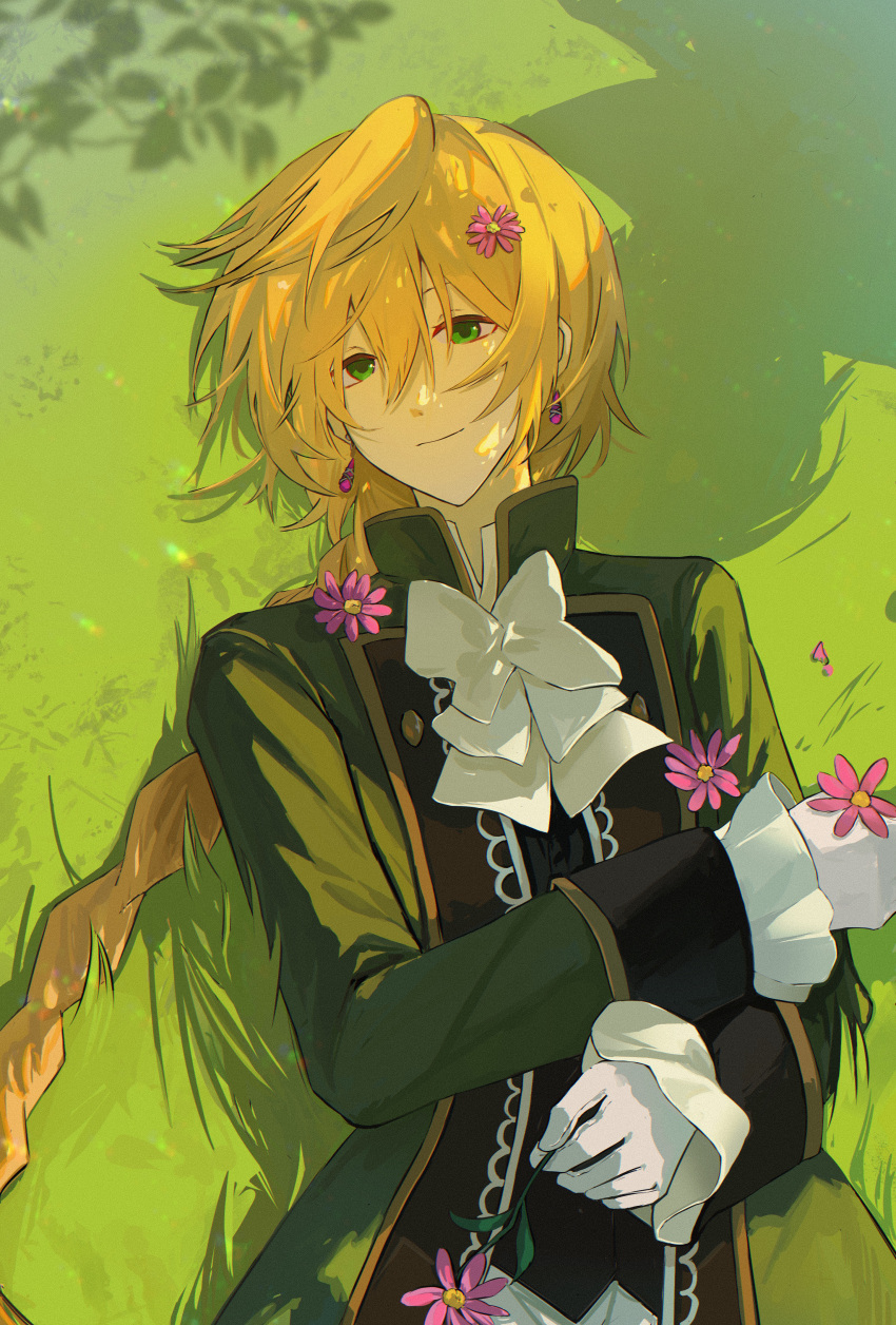 1boy absurdres black_vest blonde_hair braid coat daisy earrings flower green_coat green_eyes highres jack_vessalius jewelry light_smile long_hair lying male_focus on_back on_grass pandora_hearts pink_flower shadow solo upper_body very_long_hair vest xiuning233