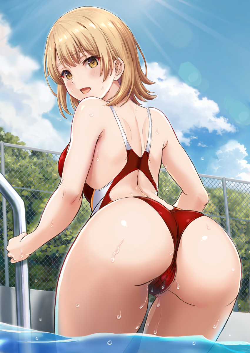 1girl ass ass_focus back_cutout blonde_hair blue_sky brown_eyes bush chain-link_fence clothing_cutout cloud commentary competition_swimsuit cowboy_shot day fence from_behind highres inanaki_shiki isshiki_iroha looking_at_viewer one-piece_swimsuit outdoors pool_ladder red_one-piece_swimsuit revision short_hair shoulder_blades sky solo swimsuit water yahari_ore_no_seishun_lovecome_wa_machigatteiru.