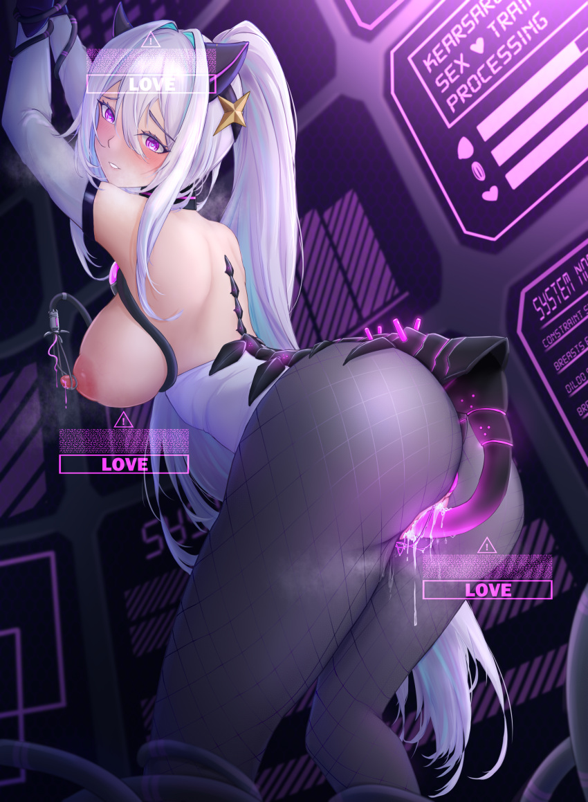 1girl absurdres animal_ears arms_up ass azur_lane bare_shoulders black_gloves black_pantyhose blue_hair bound bound_wrists breast_expansion breasts cat_ears cat_girl cat_tail chinese_commentary corruption detached_sleeves framed_breasts from_behind gloves hair_between_eyes hair_ornament heart heart-shaped_pupils highres holographic_interface kearsarge_(all_night_charge)_(azur_lane) kearsarge_(azur_lane) large_breasts leotard long_hair looking_at_viewer looking_back mechanical_ears mechanical_spine mixed-language_commentary nipples object_insertion official_alternate_costume orchery pantyhose playboy_bunny ponytail puffy_nipples purple_eyes restrained sex_machine solo star_(symbol) star_hair_ornament symbol-shaped_pupils tail tentacles thong_leotard two-tone_leotard vaginal vaginal_object_insertion very_long_hair white_hair white_leotard