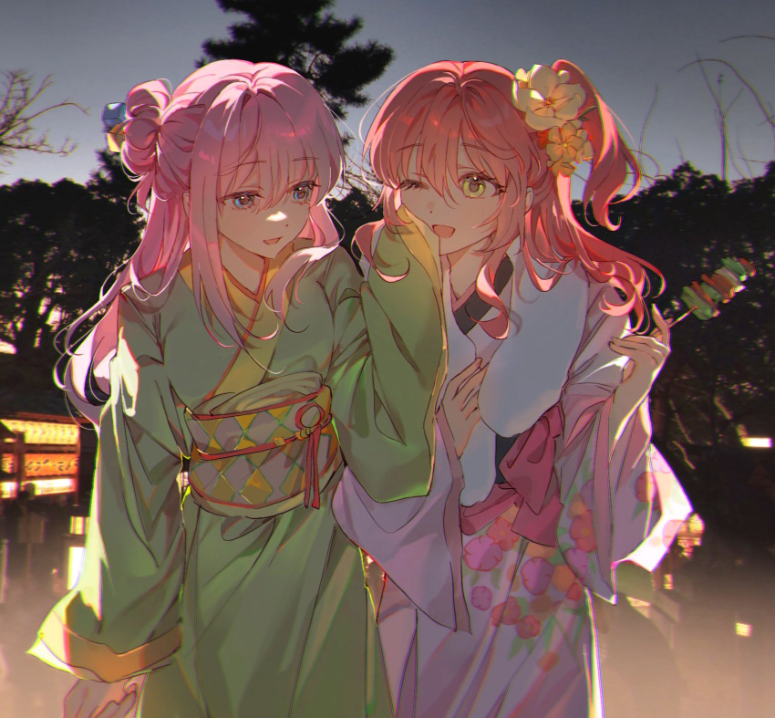 2girls bccommi blue_eyes bocchi_the_rock! commentary couple cube_hair_ornament floral_print floral_print_kimono flower food fur_scarf gotoh_hitori green_eyes green_kimono hair_bun hair_flower hair_ornament highres holding holding_skewer japanese_clothes kebab kimono kita_ikuyo long_hair long_sleeves multiple_girls night obi one_eye_closed one_side_up open_mouth outdoors photo_background pink_hair pink_kimono print_kimono red_hair sash sidelocks single_hair_bun skewer wiping_face yellow_flower yuri