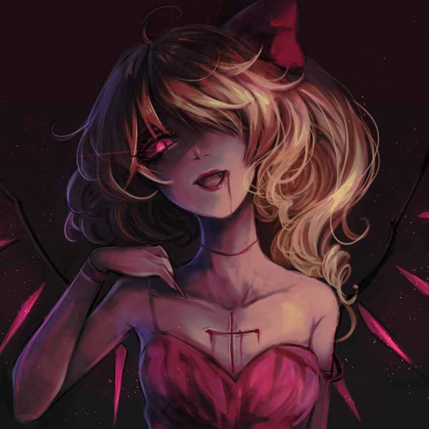 1girl absurdres alternate_costume bare_shoulders blonde_hair blood blood_from_mouth bow breasts collarbone dark_background fangs fingernails flandre_scarlet glowing glowing_eye hair_bow hair_over_one_eye highres kyogoku-uru large_bow long_fingernails long_hair looking_at_viewer nail_polish no_headwear one_side_up open_mouth red_background red_bow red_eyes red_nails scar scar_on_chest sharp_fingernails simple_background small_breasts solo touhou upper_body wings