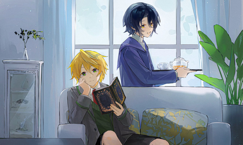 2boys black_hair blonde_hair blue_shirt book cabinet couch cup gilbert_nightray green_hair green_sweater grey_jacket highres holding holding_book indoors jacket male_focus multiple_boys necktie on_couch open_mouth oz_vessalius pandora_hearts plant potted_plant reading red_necktie shirt short_hair sitting smile sweater teacup teapot window xiuning233 yellow_eyes