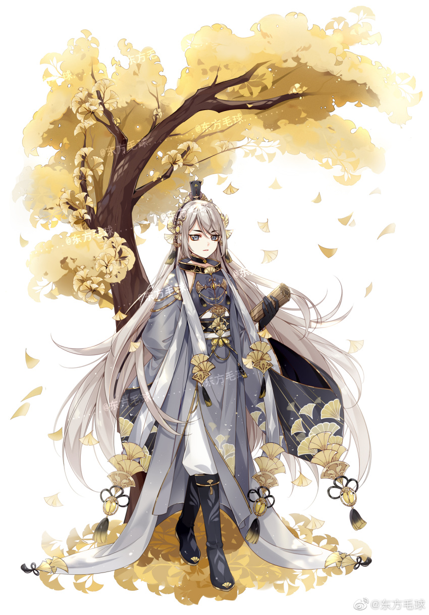 1boy androgynous arm_behind_back bamboo_scroll black_footwear black_gloves black_sash blue_eyes boots candied_ginko_nut_(the_tale_of_food) chinese_clothes closed_mouth coat dongfang_mao_qiu double-parted_bangs falling_leaves full_body ginkgo_leaf ginkgo_leaf_print ginkgo_tree gloves gold_trim grey_coat grey_hair grey_robe hair_ornament halterneck hanfu highres holding holding_scroll leaf leaf_hair_ornament leaf_print long_hair long_sleeves looking_at_viewer male_focus mole mole_under_eye official_art pants parted_lips petite robe sash scroll sidelocks simple_background solo standing stole swept_bangs tassel the_tale_of_food tree under_tree very_long_hair watermark weibo_logo weibo_username white_background white_pants wide_sleeves xiao_guan_(headdress)