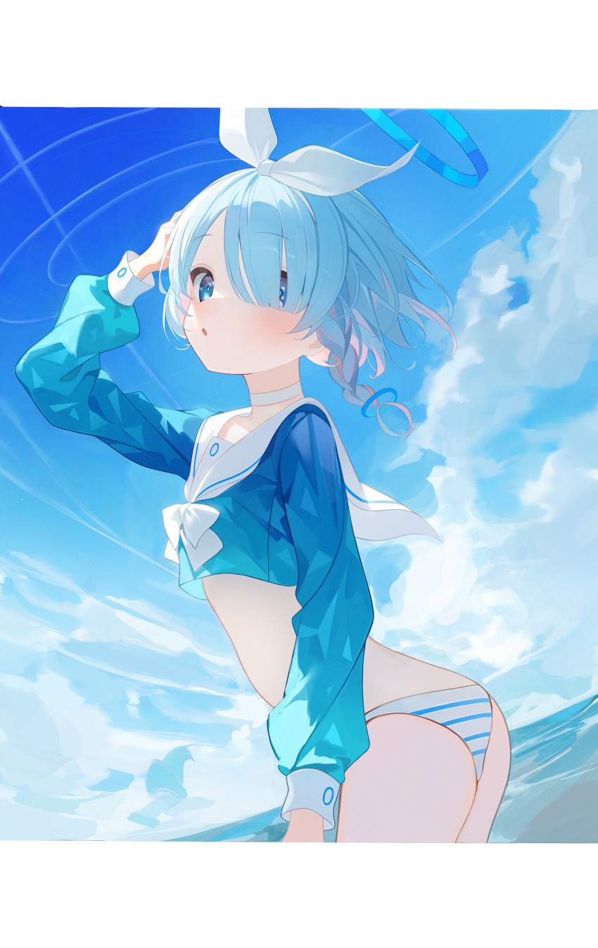 1girl absurdres arona_(blue_archive) ass blue_archive blue_eyes blue_hair blue_serafuku blue_shirt blue_sky blush bow_hairband braid breasts choker colored_inner_hair danyo_(chung0226) hair_over_one_eye hairband halo highres light_blue_hair long_sleeves looking_at_viewer multicolored_hair open_mouth panties pink_hair sailor_collar school_uniform serafuku shirt short_hair side_braid sky small_breasts solo striped striped_panties underwear white_hairband white_panties white_sailor_collar