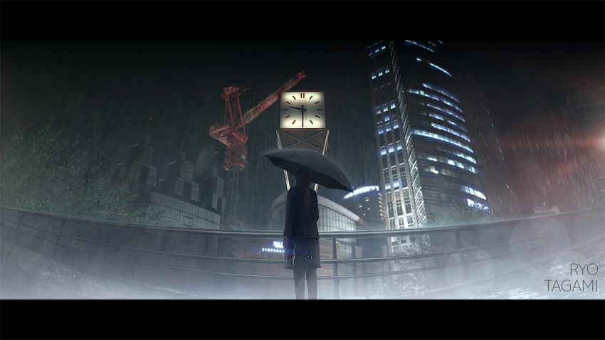 1girl black_hair black_jacket black_pantyhose blurry bokeh building city clock commentary_request crane_(machine) depth_of_field holding holding_umbrella jacket letterboxed long_hair night original outdoors pantyhose ponytail railing rain real_world_location solo standing tanaka_ryosuke tree umbrella