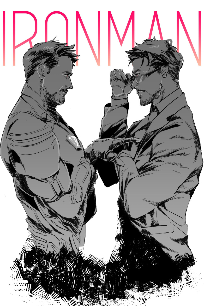 2boys absurdres arc_reactor armor avengers:_endgame avengers_(series) character_name closed_mouth collared_jacket collared_shirt dual_persona facial_hair full_armor glasses greyscale hand_up highres iron_man jacket long_sleeves looking_at_another male_focus marvel marvel_cinematic_universe monochrome multiple_boys necktie open_clothes open_jacket power_armor shirt short_hair simple_background suit superhero tony_stark toy_(toy084)