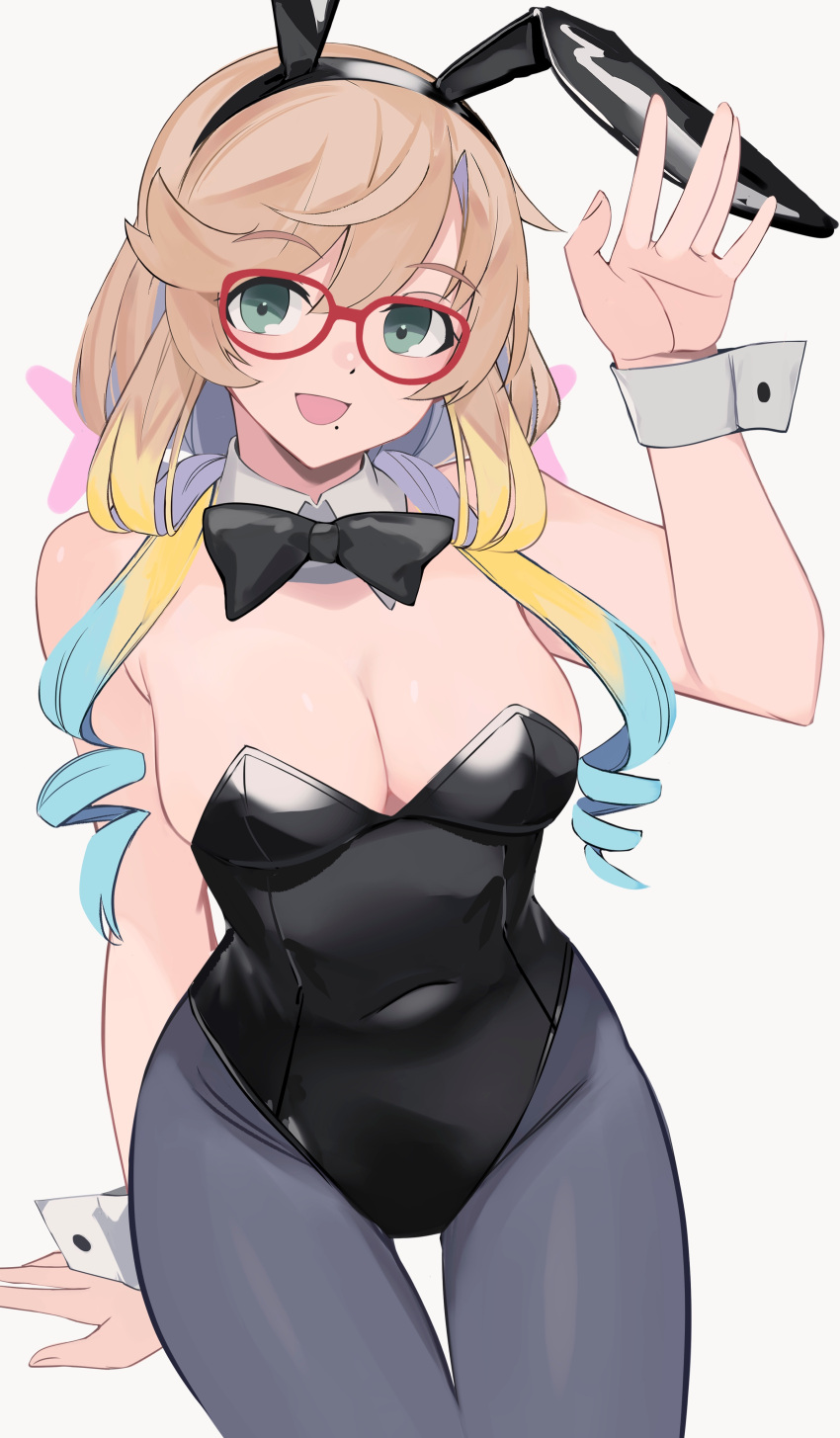 1girl absurdres animal_ears black_bow black_bowtie black_leotard black_pantyhose blonde_hair blue_hair bow bowtie breasts cleavage detached_collar drill_hair glasses gradient_hair grey_hair haruno_sora highres leotard long_hair looking_at_viewer multicolored_hair open_mouth pantyhose playboy_bunny rabbit_ears red-framed_eyewear solo strapless strapless_leotard twin_drills ubah voiceroid wrist_cuffs