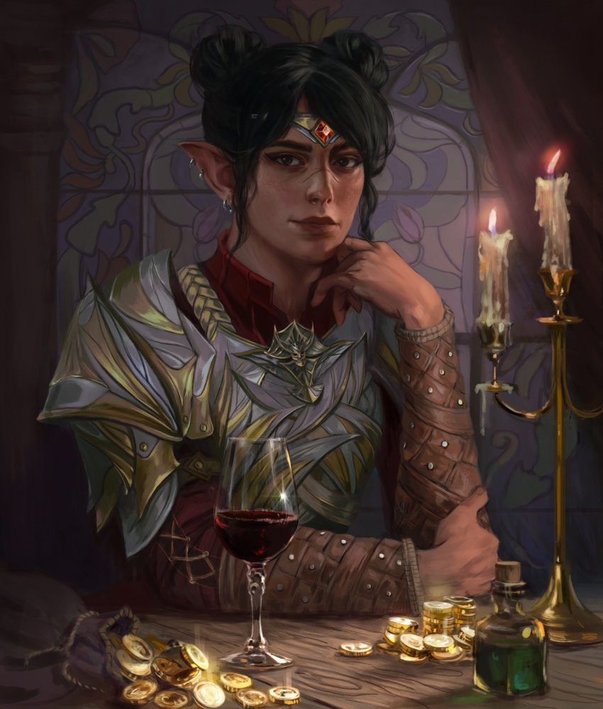 1girl absurdres armor bbergolts black_hair candle candlestand circlet coin coin_purse cup double_bun drinking_glass earrings elf fire gold_coin hair_bun highres indoors jewelry looking_at_viewer original pointy_ears potion red_wine scar scar_on_face scar_on_nose sitting solo table upper_body wine_glass