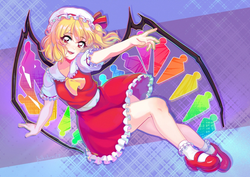 1girl ascot bare_legs blonde_hair blue_background bobby_socks breasts bulkobon collared_shirt fangs flandre_scarlet frilled_shirt_collar frilled_skirt frilled_sleeves frills full_body hat hat_ribbon light_smile looking_at_viewer mary_janes medium_hair mob_cap multicolored_wings one_side_up open_mouth puffy_short_sleeves puffy_sleeves purple_background red_eyes red_footwear red_ribbon red_skirt red_vest ribbon ribbon-trimmed_headwear ribbon_trim shirt shoes short_sleeves simple_background skirt skirt_set sleeve_ribbon small_breasts socks solo teeth touhou vest white_headwear white_shirt white_socks wings yellow_ascot