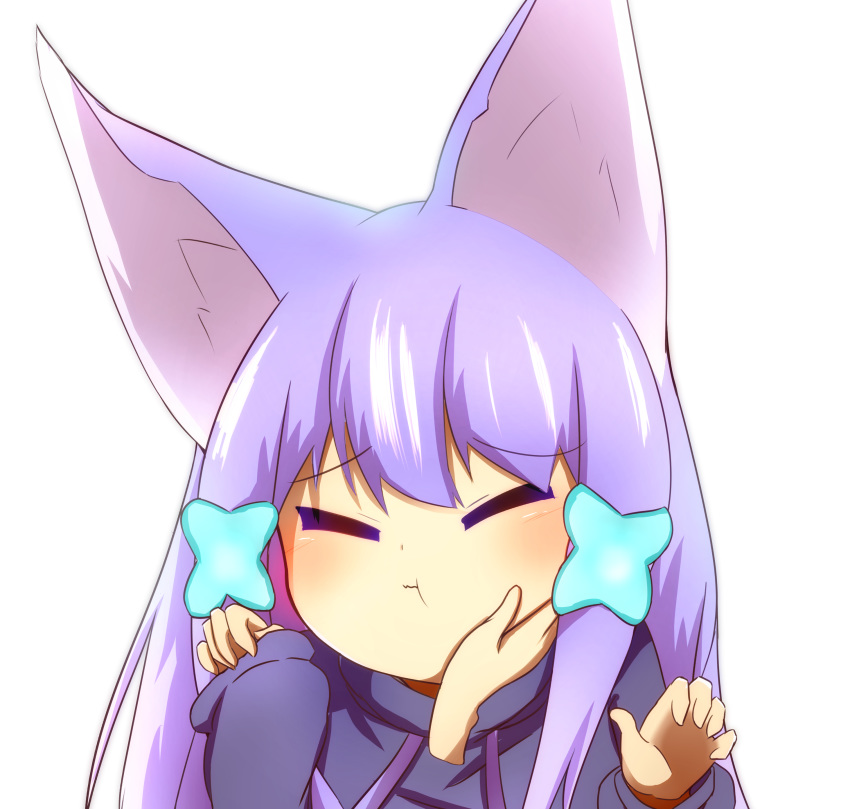 1girl :t absurdres animal_ear_fluff animal_ears bangs blue_hoodie closed_mouth commentary_request disembodied_limb drawstring eyebrows_visible_through_hair eyes_closed facing_viewer fox_ears hair_ornament hand_on_another's_cheek hand_on_another's_face hands_up highres hood hoodie idaten93 long_hair long_sleeves original purple_hair sidelocks simple_background sleeves_past_wrists solo_focus till_(idaten93) wavy_mouth white_background x_hair_ornament