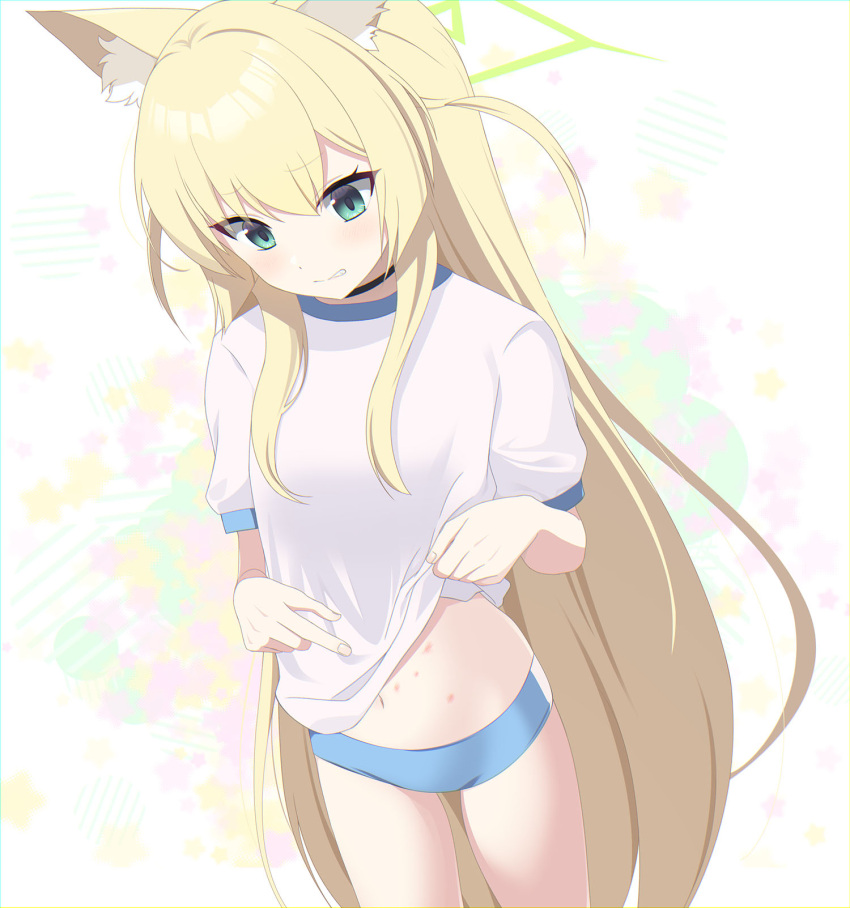 1girl animal_ear_fluff animal_ears black_choker blonde_hair blue_archive blue_buruma blush buruma choker eko feet_out_of_frame fox_ears green_eyes gym_shirt gym_uniform highres kurumi_(blue_archive) long_hair looking_down shirt sidelocks single_vertical_stripe solo very_long_hair white_shirt