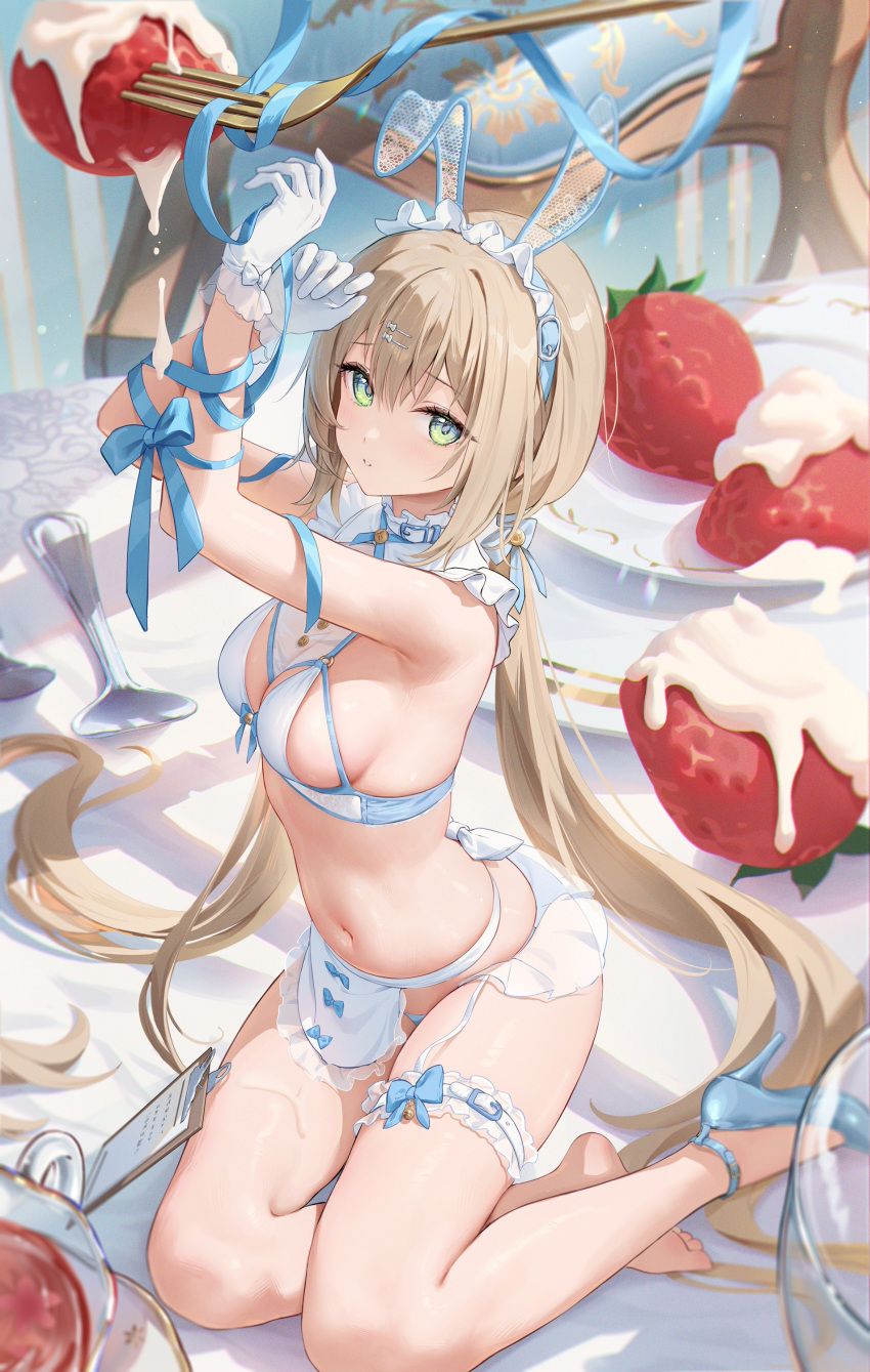 1girl absurdres animal_ears apron arms_up belt_collar blonde_hair blue_footwear bound bound_wrists breasts bridal_garter clipboard closed_mouth collar commentary_request cream cup dated_commentary fake_animal_ears food fruit gloves green_eyes hair_between_eyes hair_ornament hairclip high_heels highres houkisei kneeling large_breasts long_hair looking_at_viewer low_twintails momoko_(houkisei) navel original panties plate rabbit_ears revealing_clothes ribbon ribbon_bondage shoes sideboob single_barefoot single_shoe solo spoon strawberry teacup thighs twintails underwear very_long_hair waist_apron white_gloves