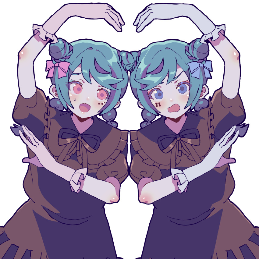 15_shoujo 2girls :d akine_emi akine_nami annoyed blue_eyes blue_hair braid brown_dress brown_ribbon collared_dress double_bun dress facial_mark frilled_gloves frills gloves hair_bun heart_arms_duo highres long_hair looking_at_another looking_at_viewer multiple_girls open_mouth puffy_short_sleeves puffy_sleeves ribbon short_sleeves simple_background smile sweatdrop symmetrical_pose tsujii_ruki twin_braids white_background