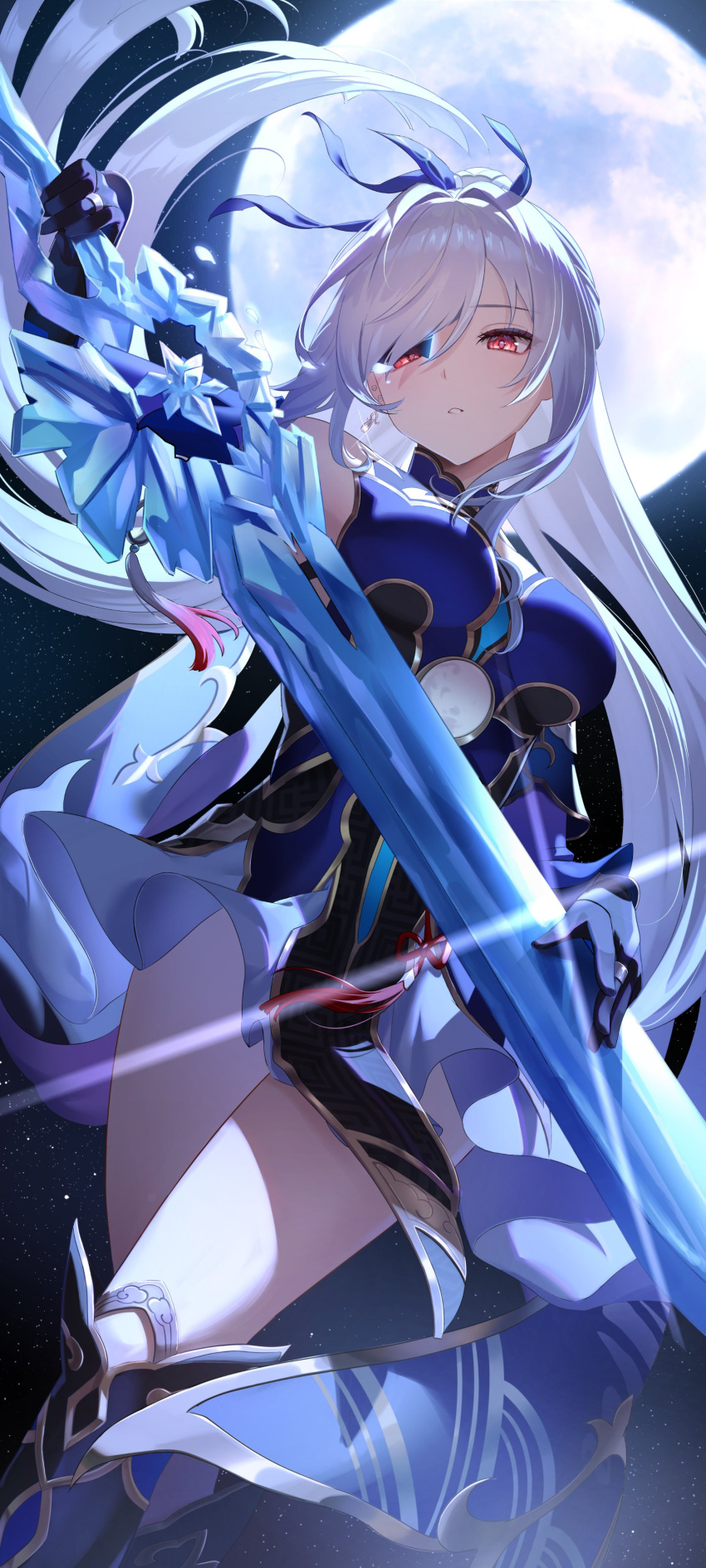 1girl absurdres arm_up bare_shoulders black_footwear black_gloves blue_sleeves crystal_sword detached_sleeves earrings full_moon glint gloves high_ponytail highres holding holding_sword holding_weapon honkai:_star_rail honkai_(series) jewelry jingliu_(honkai:_star_rail) long_hair lucy_(rusi-juren328) moon night night_sky petals red_eyes red_tassel single_earring skirt sky solo star_(sky) starry_sky sword thighs weapon white_hair white_skirt