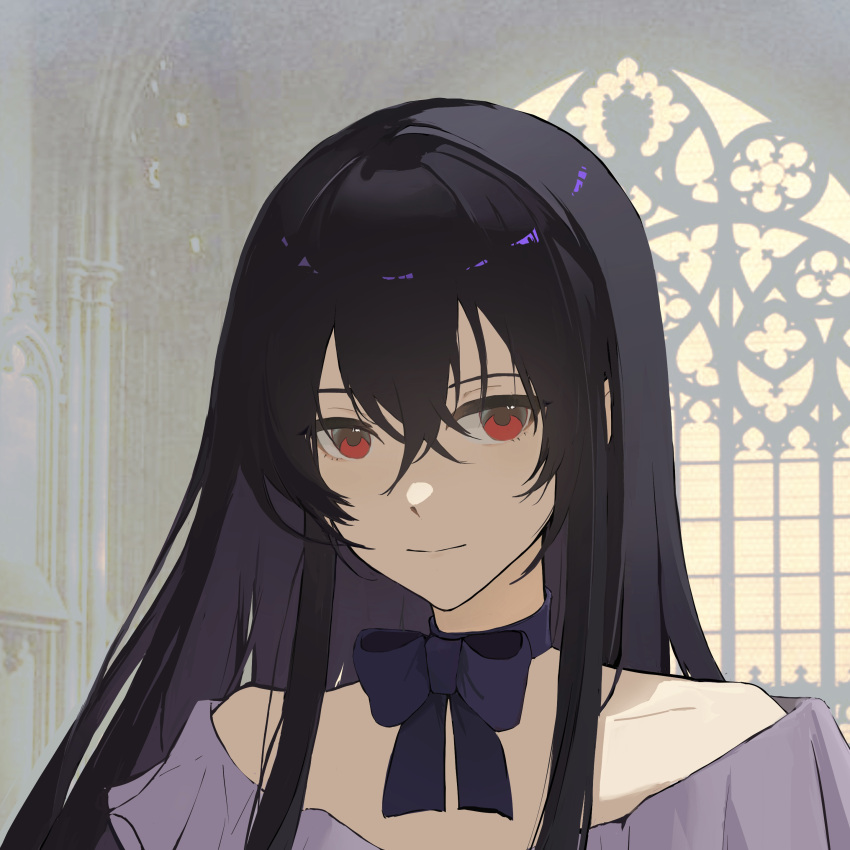 1girl absurdres bare_shoulders black_eyes bow bowtie dress hair_between_eyes highres lacie_baskerville light_smile long_hair looking_at_viewer off-shoulder_dress off_shoulder pandora_hearts portrait red_eyes solo xiuning233