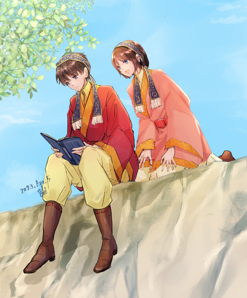 1boy 1girl :d blue_eyes book boots branch brother_and_sister brown_hair cliff commentary_request dated day expressionless fringe_trim headband highres knee_boots kneeling long_sleeves on_ground open_book original outdoors pants pants_tucked_in pink_robe reading red_robe robe shirt short_hair siblings side-by-side sitting sky smile twins white_pants white_shirt wide_sleeves yellow_pants yellow_shirt yuzuka-53