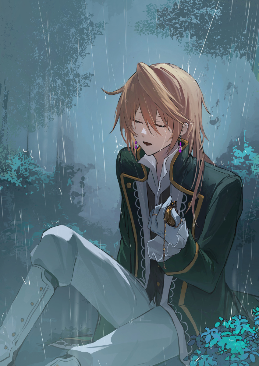 1boy absurdres black_vest blonde_hair bush closed_eyes coat drop_earrings earrings gloves green_coat highres jewelry male_focus open_mouth pandora_hearts pants pocket_watch rain shirt sitting solo tree vest watch white_gloves white_pants white_shirt xiuning233