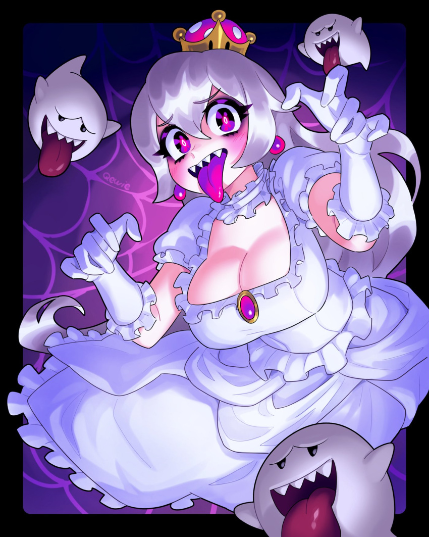 1girl 333_(dqqqdle) blush boo_(mario) breasts cleavage collar colored_tongue crown dress earrings frilled_collar frilled_gloves frills ghost ghost_pose gloves hair_between_eyes highres jewelry large_breasts long_hair looking_at_viewer mario_(series) mini_crown open_mouth princess_king_boo purple_tongue sharp_teeth short_sleeves spider_web_background super_crown teeth tongue tongue_out white_dress white_gloves white_hair