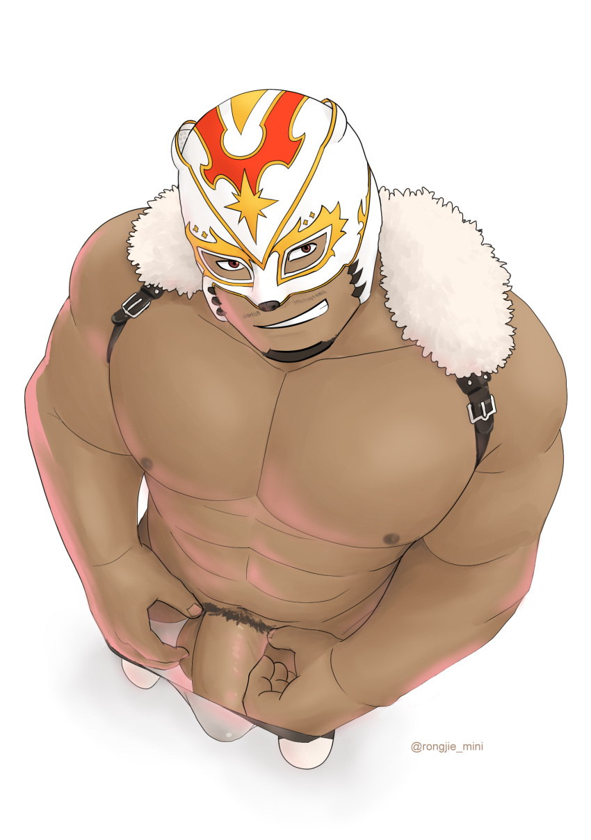 1boy bara bear_mask brown_eyes bulge dark-skinned_male dark_skin erection erection_under_clothes facial_hair foreshortening from_above full_body fur_trim goatee highres large_pectorals live_a_hero looking_at_viewer male_focus male_pubic_hair male_underwear male_underwear_pull mask mature_male muscular muscular_male pectorals penis penis_peek polaris_mask_(live_a_hero) pubic_hair rongjie smile solo standing uncensored underwear undressing wrestling_outfit