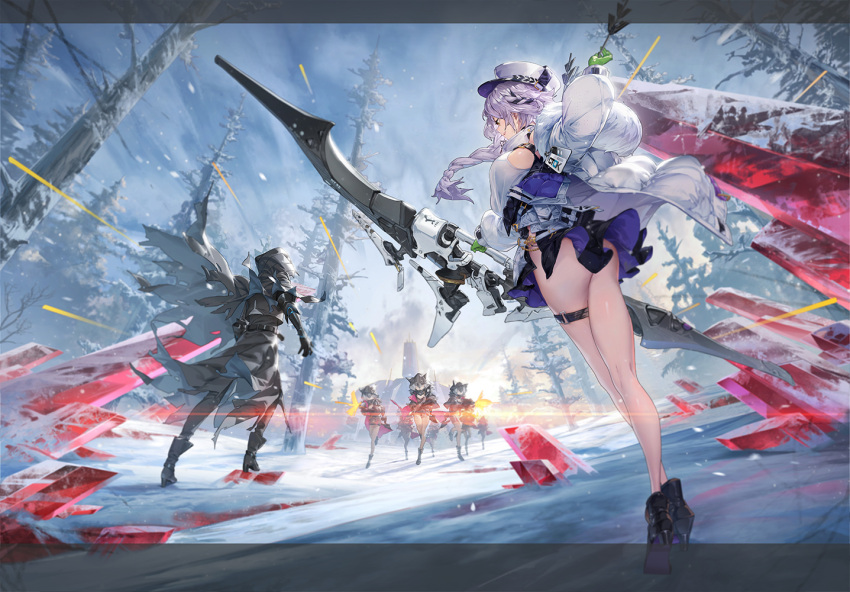 6+girls arrow_(projectile) ass baraba_baba bare_tree belt black_belt black_footwear black_hair black_skirt bow_(weapon) braid braided_ponytail breasts character_request echocalypse firing gloves green_gloves grey_hair hat high_heels holding holding_arrow holding_bow_(weapon) holding_weapon jacket large_breasts laurels multicolored_hair multiple_girls open_clothes open_jacket peaked_cap shirt skirt sky sleeveless sleeveless_shirt snow sova_(echocalypse) streaked_hair thigh_belt thigh_strap tree weapon white_headwear white_jacket white_shirt