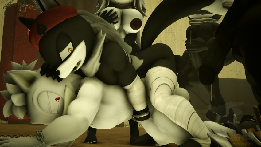 3d_(artwork) ace_(mrfrenchyjackal) ace_of_spades adam_(juicyducksfm) anal anal_penetration angry angry_eyes anthro balls beret big_penis black_body black_fur bodily_fluids breasts canid canine canis chain chained chained_to_floor clothing collar digital_media_(artwork) doggystyle fan_character female forced from_behind_position fur furniture genital_fluids genitals group group_masturbation hair hat headgear headwear hi_res infinite infinite_(sonic) jackal jackal_squad juicyducksfm long_hair male male/male mammal masturbation muscular muscular_male natasha_(mrfrenchyjackal) nude open_mouth penetration penis precum punching_bag rape sega sex sofa sonic_forces sonic_the_hedgehog_(series) source_filmmaker white_body white_fur white_skin wolf