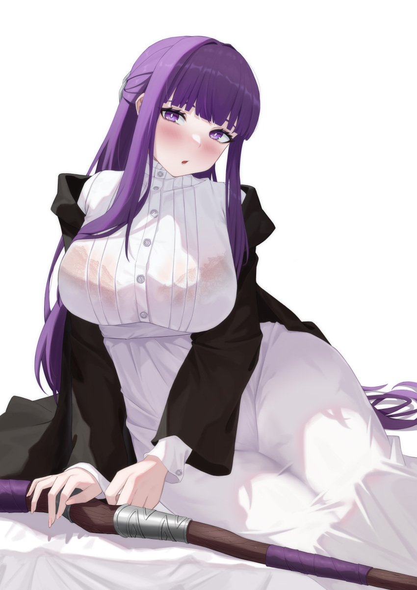 1girl absurdres black_coat blunt_bangs blush bralines breasts coat dress fern_(sousou_no_frieren) highres large_breasts long_hair long_sleeves looking_at_viewer open_clothes open_coat open_mouth purple_eyes purple_hair sidelocks solo sousou_no_frieren staff white_dress xiiinaam_98