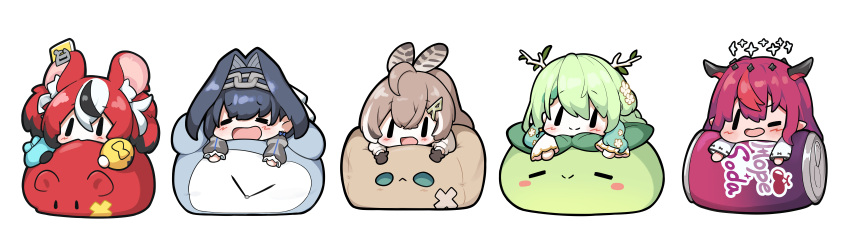 5girls =_= absurdres alarm_clock animal_ears antlers black_hair blue_hair brown_hair can ceres_fauna ceres_fauna_(1st_costume) chain chibi clock commentary_request drink_can ear_tag feather_hair friend_(nanashi_mumei) green_hair hairband hakos_baelz hakos_baelz_(1st_costume) halo highres hololive hololive_english incredibly_absurdres irys_(hololive) irys_(irys_2.0)_(hololive) korean_commentary kronie_(ouro_kronii) long_hair looking_up lying mouse_ears mouse_girl mr._squeaks_(hakos_baelz) multicolored_hair multiple_girls nanashi_mumei nanashi_mumei_(1st_costume) on_stomach one_eye_closed open_mouth ouro_kronii ouro_kronii_(1st_costume) pink_hair pointy_ears red_hair sapling_(ceres_fauna) simple_background snowmya soda_can streaked_hair virtual_youtuber white_background white_hair |_|